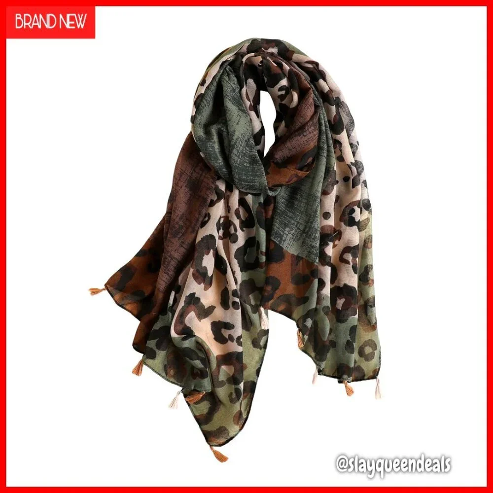 Leopard Print Fringe Shawl Scarf, Lightweight Polyester Wrap, One Size